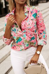 Green Abstract Floral Print Buttoned Sheath Long Sleeve Shirt