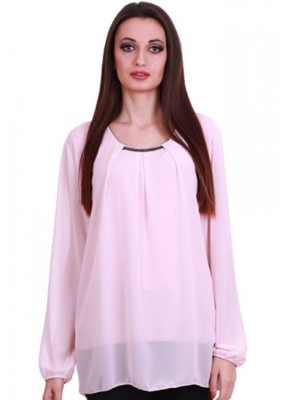 Макси розова блуза с камъчета около деколтето