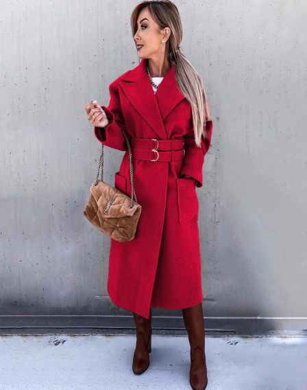 Стилно червено дамско палто с колан