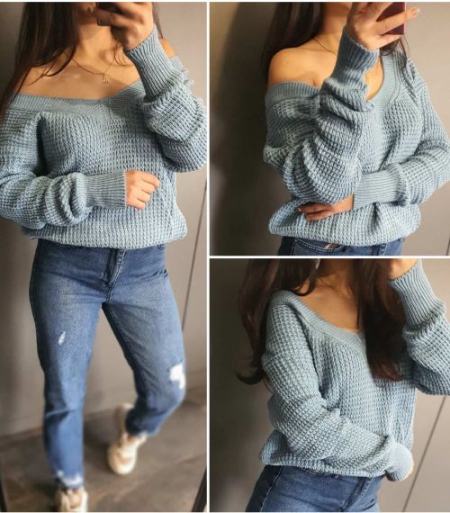 Дамски син пуловер