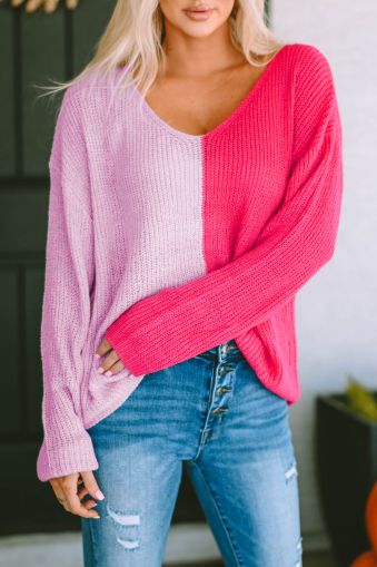 Дамски пуловер с 'color block' дизайн в розово и лилаво