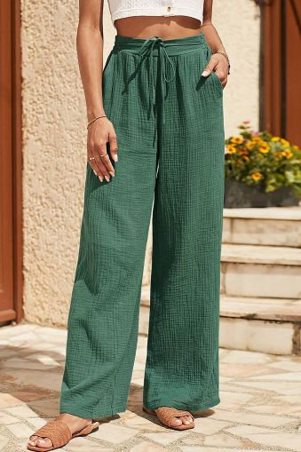 Дамски панталон в зелено, с висока талия и широки крачоли, 100% памук