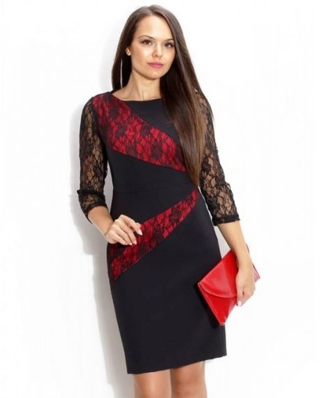 Изискана вечерна рокля с дантела в черно и червено