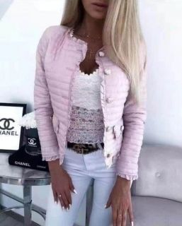Късо дамско яке с къдрички и копчета в розово