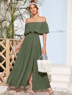 Дълга рокля в маслено зелено