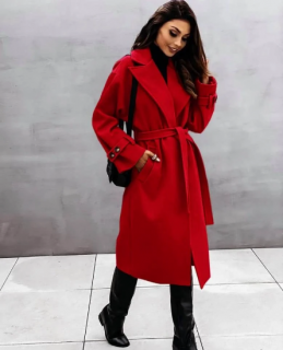 Дамско палто с колан в червено