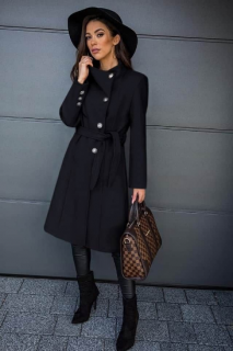 Дамско палто с колан в черно