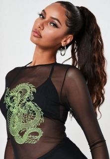 Дамска прозрачна мини рокля с апликиран дракон, Черна