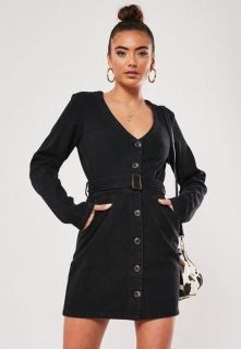 Черна дънкова рокля с копчета и колан