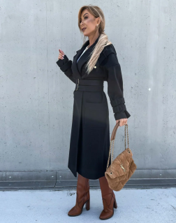 Стилно черно дамско палто с колан