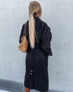 Стилно черно дамско палто с колан