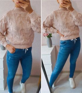 Дамски плетен пуловер в цвят пудра