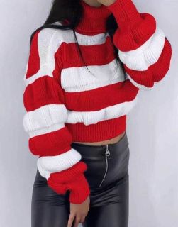Дамски къс пуловер в червено и бяло