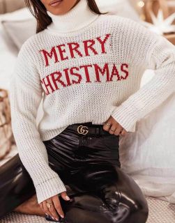Дамски коледен пуловер в бяло с надпис 'Merry Christmas'