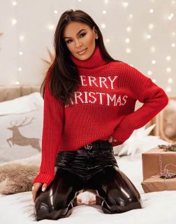 Дамски коледен пуловер в червено с надпис 'Merry Christmas'