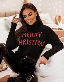 Дамски коледен пуловер в черно с надпис 'Merry Christmas'