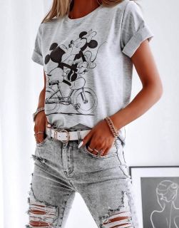 Дамска тениска в сиво с принт Mickey & Minnie Mouse