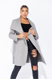 Дамско палто в сиво с колан