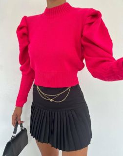 Дамски пуловер с ефектни ръкави в цвят циклама