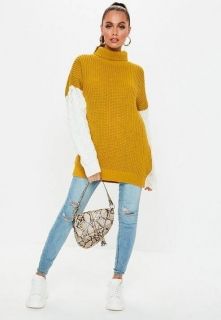 Плетен пуловер с поло яка - горчица/бял