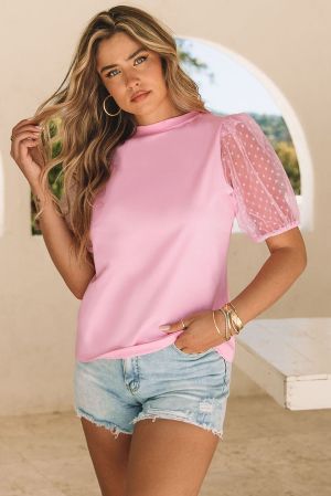 Дамска памучна блуза в розово с ръкави от тюл на точки