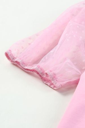 Дамска памучна блуза в розово с ръкави от тюл на точки