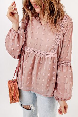 Дамска блуза в розово с дълъг ръкав и принт на точки