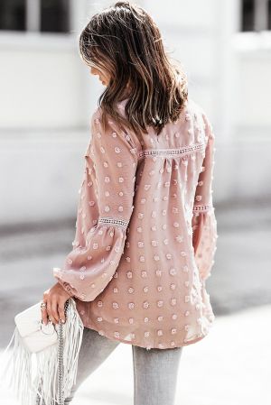 Дамска блуза в розово с дълъг ръкав и принт на точки