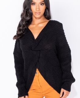 Дамски плетен пуловер с ефектен възел, черен