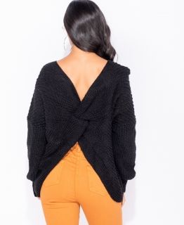 Дамски плетен пуловер с ефектен възел, черен