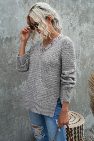 Gray Lace Scalloped V-Neck Side Split Loose Sweater