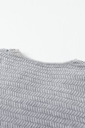 Gray Lace Scalloped V-Neck Side Split Loose Sweater