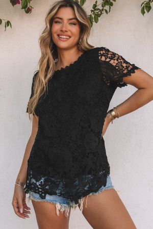 Black Lace Overlay Short Sleeve Top