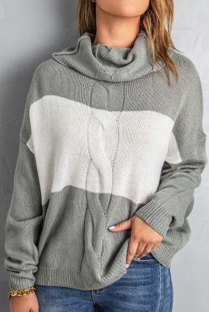 Gray Colorblock Turtleneck Loose Knitted Sweater