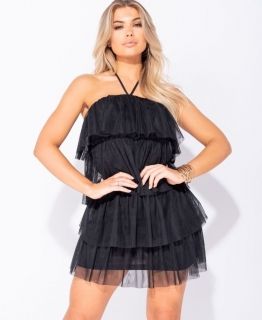 Многопластова дамска мини рокля, черна