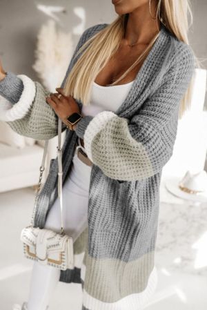 Gray Colorblock Cable Knit Side Pockets Duster Cardigan