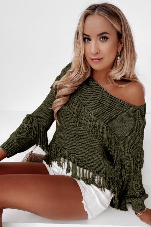 Green Boho Tasseled Knitted Sweater
