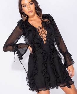 Черна дамска рокля с връзки корсет и волани