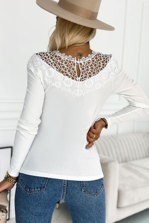 White Floral Crochet Neck Detail Long Sleeve Top