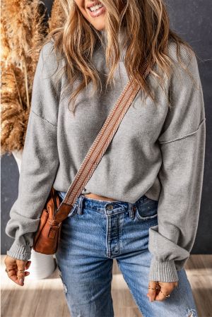 Дамски пуловер в сиво с поло яка