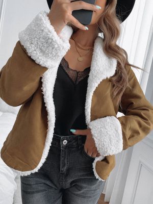 Brown Lapel Collar Fleece Open Front Coat