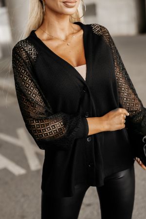 Black Waffled Knit Lace Long Sleeve Buttoned Cardigan