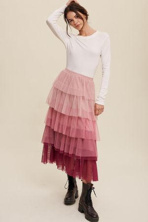 Ефектна дамска дълга пола в преливащи розови нюанси