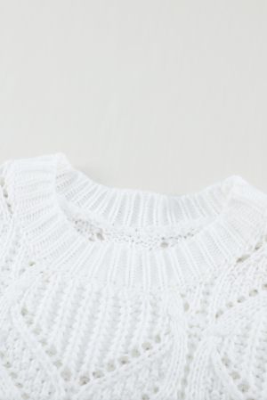 White Crewneck Balloon Sleeve Textured Knit Sweater