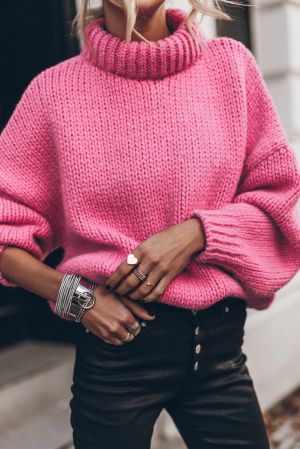 Pink Chunky Knit Turtle Neck Drop Shoulder Sweater
