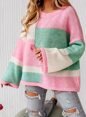 Pink Colorblock Drop Shoulder Bell Sleeve Sweater