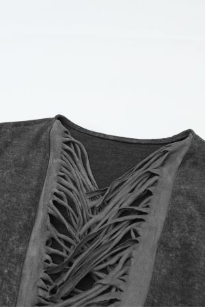Дамска дълга жилетка в сиво с ефектни ресни