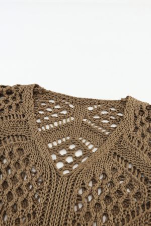 Khaki Hollowed Knit V Neck Dolman Sleeve Sweater