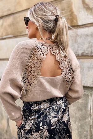 V Neck Lace Patch Hollow-out Back Sweater