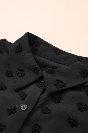 Black Long Sleeve Button Fuzzy Polka Dot Shirt